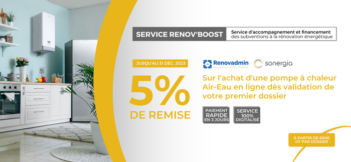 Exclu web : 5% de remise sur l'achat d'une PAC Air-Eau en ligne dès validation de votre premier dossier !